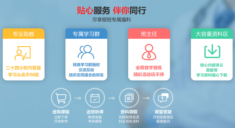 贴心服务伴你同行，尽享报班专属福利，专业助教、专属学习群、班主任、大容量资料区