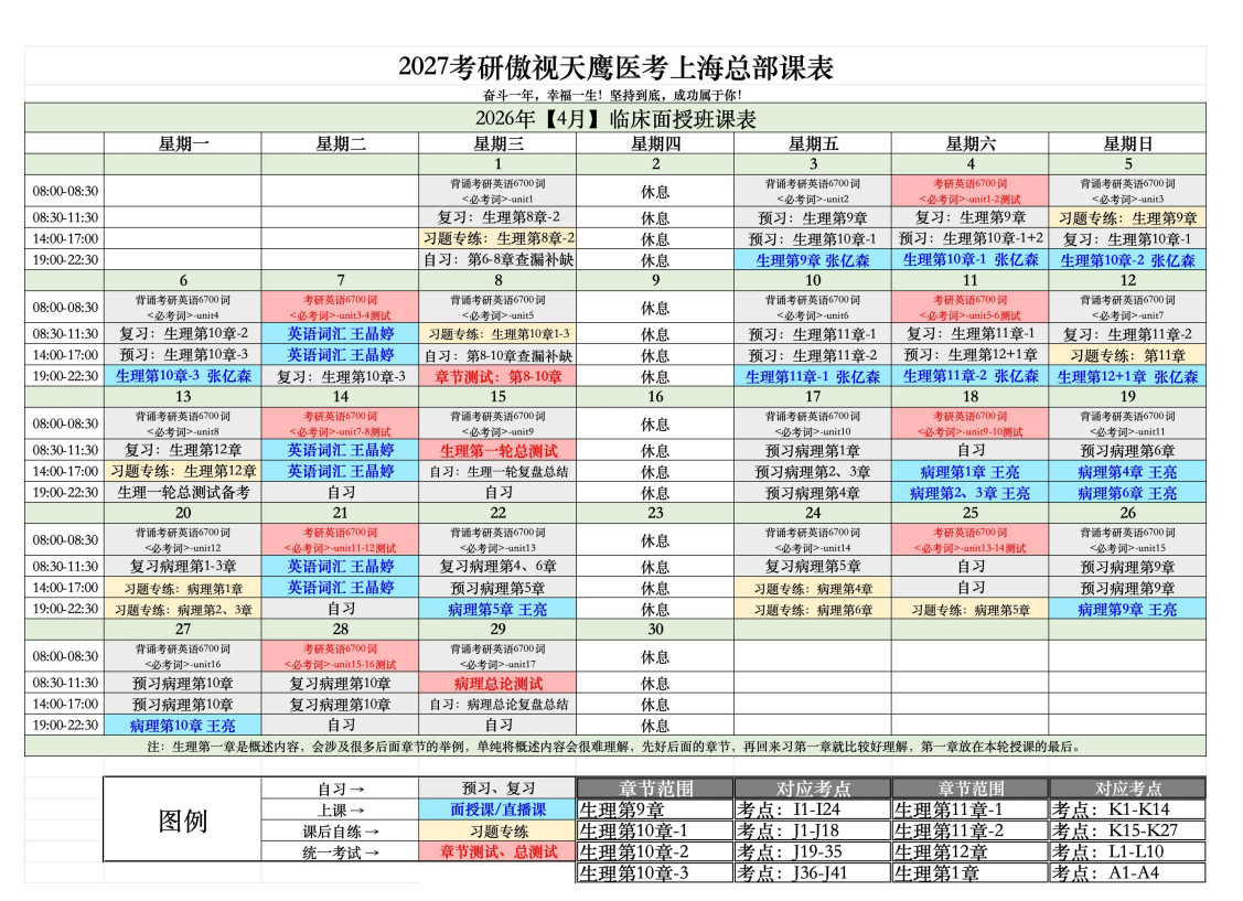 2026.4月傲视天鹰临床面授班课表